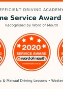 Efficient Driving Academy five-time service award winner, displaying driving school recognition awards from 2018, 2019, 2020, 2023 and 2024.
