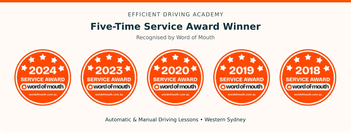 Efficient Driving Academy five-time service award winner, displaying driving school recognition awards from 2018, 2019, 2020, 2023 and 2024.
